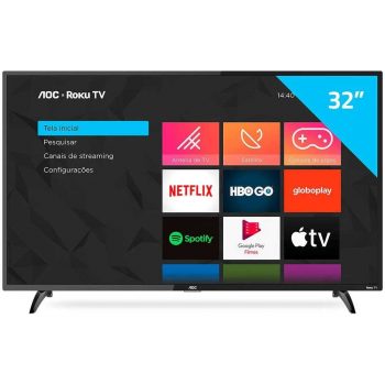 AOC Roku TV Smart TV LED 32” HD 32S5195/78 com Wi-fi, Controle Remoto com atalhos, Roku Mobile, Miracast, Entradas HDMI e USB