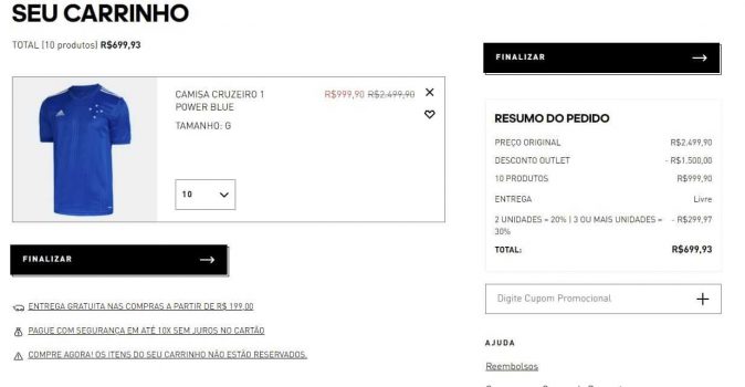 Desconto  Progressivo no site da Adidas   2 UNIDADES = 20% | 3 OU MAIS UNIDADES = 30%