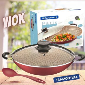 Panela Wok Tramontina Paris Antiaderente Tampa de Vidro 32cm 4,4 L com Colher Vermelha