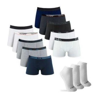 Kit com 10 Cuecas Boxer Cotton Sortidas e 3 Pares de Meia Cano Médio Branca G – Polo Match