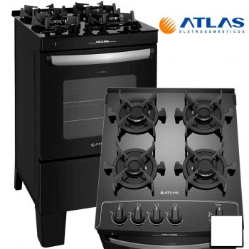 MESA DE VIDRO   Fogão 4 Bocas à Gás Atlas Acendimento Automático e Forno Limpa Fácil Ágile Up Preto Bivolt