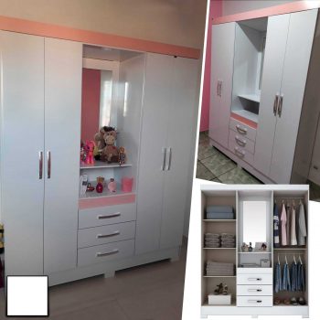 Guarda Roupa Solteiro com Espelho 4 Portas 3 Gavetas BHappy Espresso Móveis Branco/Branco Rosa