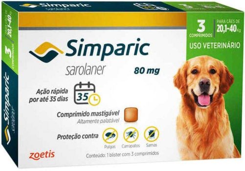 Simparic 80mg, 20,1 até 40kg, 03 Compr Zoetis para Cães