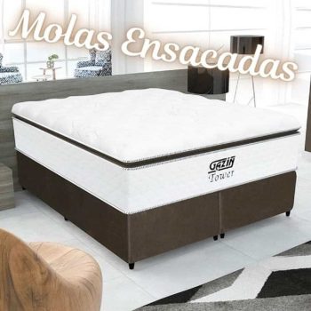 Cama Box Queen Colchão De Molas Pocket Ensacadas Tower Gazin 158x198x76cm Branco / Marrom
