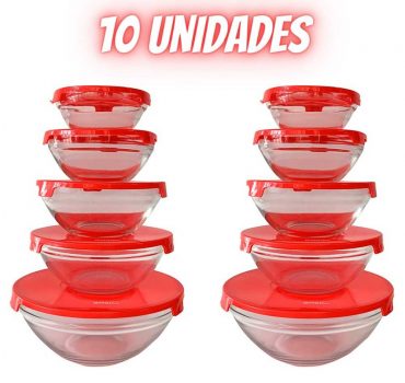 Conjunto de Potes de Vidro Redondos e Tampa Plástica Vermelha 10 Peças - Basic+
