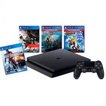 Console PS4 V18 + 1 Controle Dualshock 4 Preto + 4 Jogos (Ghost Of Tsushima, God Of War, Ratchet&Clank e Battlefield 4)