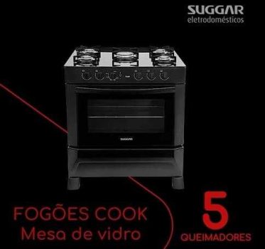 Fogão 5 Bocas Suggar FGV500PT, Acendimento Automático, Forno Easy Clean e Luz no Forno - Preto