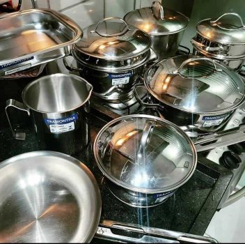 Jogo de Panelas Tramontina Aço Inox Allegra 10 Peças Fundo Triplo Com Pegador de Massa