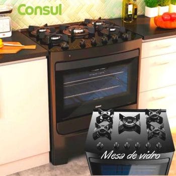 Fogão Consul 5 bocas Preto com mesa de vidro, chama dupla especial e grades individuais de ferro fundido - CFS5VAE - BIVOLT