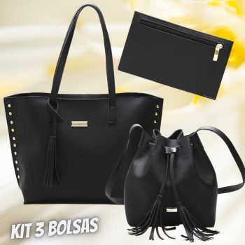 Kit 3 Bolsas Saco e Tote Feminina Lisa Com Necessaire Preto - CALFER