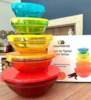 Conjunto de Tigelas Coloridas Casa Ambiente em Vidro e Plástico – 5 Peças