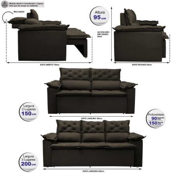 Conjunto de Sofá 3 e 2 Lugares Retrátil e Reclinável Cama inBox Compact 2,00x1,50m Velusoft Café