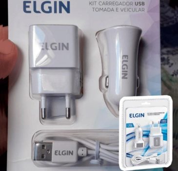 Kit Carregador USB de Tomada Bivolt, Carregador Veicular 1 Saída 1A, 5W e Cabo MicroUSB de 1 Metro, Elgin, 46RCK1USB00M, Branco