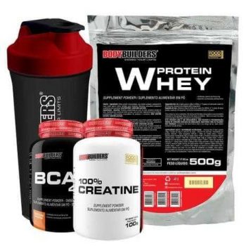 Kit Whey Protein 500g Bau + BCAA 4,5 100g + Creatine 100g + Coqueteleira Bodybuilders