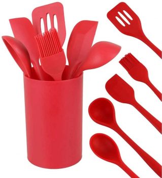 Conjunto de utensílios de silicone vermelho 6 peças com suporte - Basic+