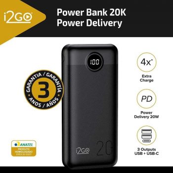 Carregador Portátil (Power Bank) Ultra Rápido 20000mAh Power Delivery 20W 2 Saídas USB + 1 Saída/Entrada USB-C Preto I2GO - I2GO PRO