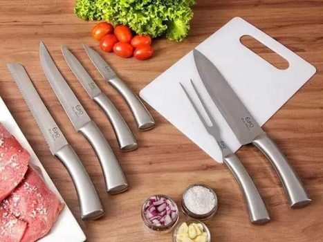 Conjunto de Facas, 7 Peças (5 facas, 1 tábua, 1 garfo), Inox, Euro