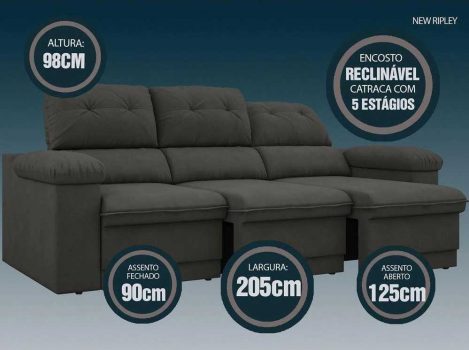 Sofá New Ripley 2,05m Assento Retrátil e Reclinável Velosuede - NETSOFAS