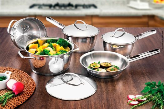 Jogo de Panelas Tramontina Aço Inox Allegra 5 Peças Fundo Triplo + Pegador de Massa