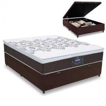 Cama Box Baú Casal Colchão Molas Ensacadas com Euro IN New York Marrom / Branco 138x188x66cm
