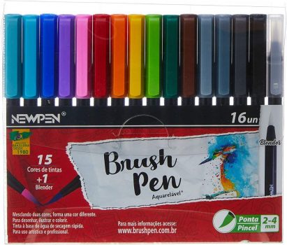 Caneta Ponta Pincel, Newpen, Brush Pen, 15 Cores + 1 Blender, 16 unidades