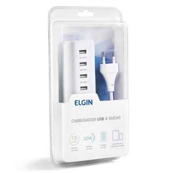 Carregador Múltiplo USB com 4 Saídas 4A, 20 W Cabo AC de 1.5 Metros, Elgin, 46RCT4USB000, Branco