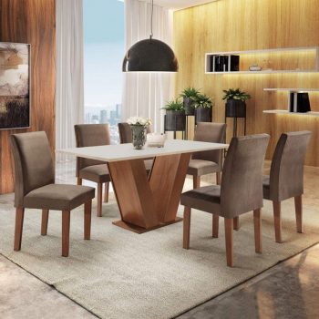 Conjunto Sala de Jantar Mesa Tampo MDF 6 Cadeiras Espanha Espresso Móveis Chocolate/Off White