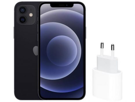 iPhone 12 Apple 64GB Preto 6,1” Câm. Dupla 12MP - iOS + Carregador USB-C de 20W Apple Branco