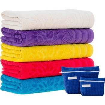 Jogo de Banho Sicília Vermelho 5 Peças + Kit 2 Necessaires Cores Sortidas - Casa e Conforto By Buddemeyer