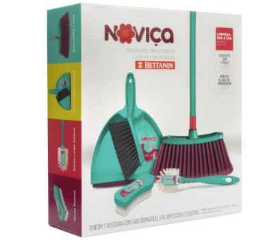 Kit de Limpeza Noviça com 5 peças (Vassoura Fácil com Cabo, Clipá + Escova, Escova Multiuso e Escova Longo Alcance)., Noviça