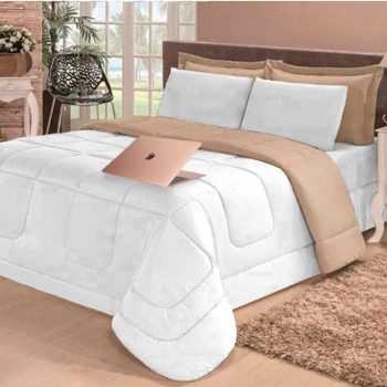 Kit Edredom Casal Queen + Jogo de Lençol 06 pçs Aconchego Dupla Face Branco e Bege Cotex