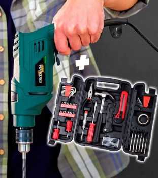 Kit Furadeira de Impacto Britânia Hobby 650W – 3000RPM + Kit Ferramentas Nell 142 Peças