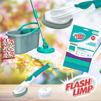 Mop Fit Giratório 3 Em 1 Com Esponja Multiuso + Conj. De Esponja E Escova Com Dispenser E 3 Panos Mulituso - Fun Clean By Flashlimp