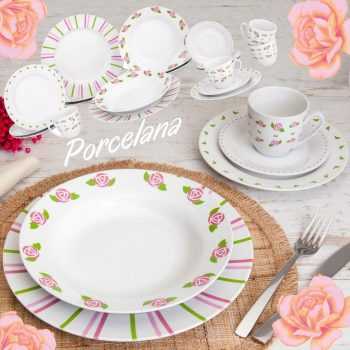 Aparelho de Jantar e Chá 20 Peças Home Gallery - Porcelana Redondo Branco Roses