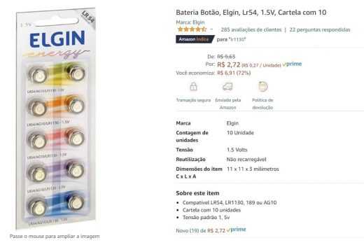 Bateria Botão, Elgin, Lr54, 1.5V, Cartela com 10