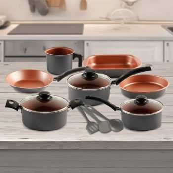 Conjunto de Panelas 10 Peças Tramontina Turim com Revestimento Antiaderente Starflon T1, Tampas de Vidro e Cabos de Baquelite – Bronze/Grafite
