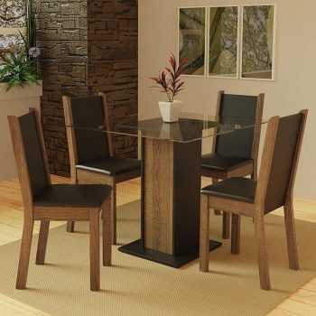 Conjunto Sala de Jantar Madesa Aline Mesa Tampo de Vidro com 4 Cadeiras - Rustic/preto