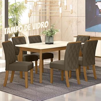 Mesa de Jantar 6 Cadeiras Retangular - Tampo de Vidro Henn Marisa