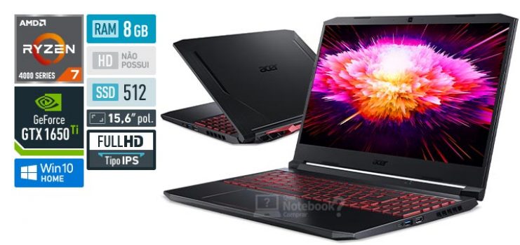 Notebook Gamer Aspire Nitro 5 AN515-44-R8HN amd Ryzen 7 Windows 10 Home 8GB 512GB ssd GTX1650 ti 15,6'