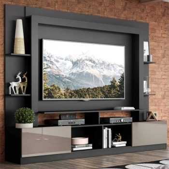 Rack Estante c/ Painel TV 65 e 2 portas Oslo Multimóveis Preto/Lacca Fumê