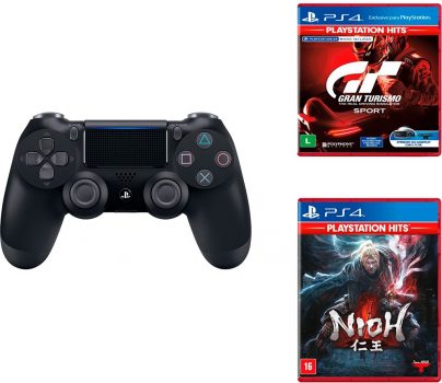 Controle Sem Fio Dualshock 4 Preto + Game Gran Turismo Sport Hits - PS4 + Game Nioh Hits - PS4