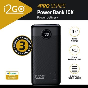 Carregador Portátil (Power Bank) Ultra Rápido 10000mAh Power Delivery 20W 2 Saídas USB + 1 Saída/Entrada USB-C Preto I2GO - I2GO PRO