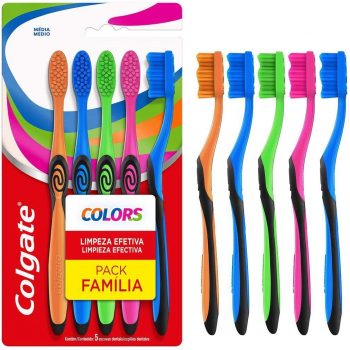 Escova Dental Colgate Colors 5 unid, Colgate, Verde, Azul, Rosa e Laranja