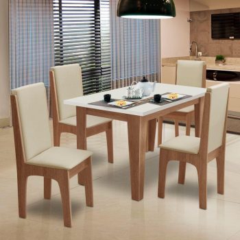 Conjunto de Mesa Miami 1,20m com 4 Cadeiras Cedro/Off White