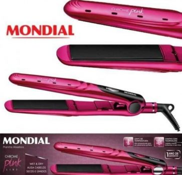Chapinha/Prancha de Cabelo Mondial Chrome - Pink P-19 com Íons 220C