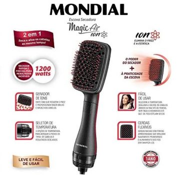 Escova Secadora Mondial, Magic Air Íon, 127V, Vermelho/Preto, 1200W - ES-01
