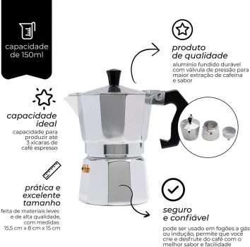 Mimo Style Cafeteira Italiana Moka de Aluminio Com Alça Café Expresso Para 3 Cafézinhos, Capacidade 150 ml, Feita de Materiais Leves e de Alta Qualidade Ideal Para sua Cozinha, Express Coffee