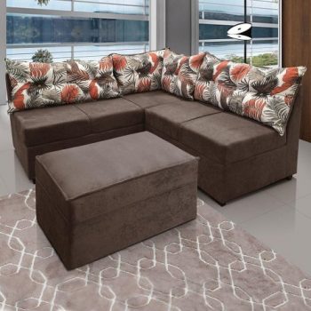 Sofá de Canto com Puff 5 Lugares Renaut Suede Marrom / Palmeira