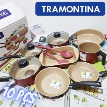 Conjunto de Panelas 10 Peças Tramontina Turim com Revestimento Antiaderente Starflon T1, Tampas de Vidro e Cabos de Baquelite - Vermelho