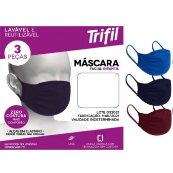 Kit com 3 Máscaras de Proteção Facial Infantil, Trifil, Criança Unissex, Marinho/Azul/Vinho, Único